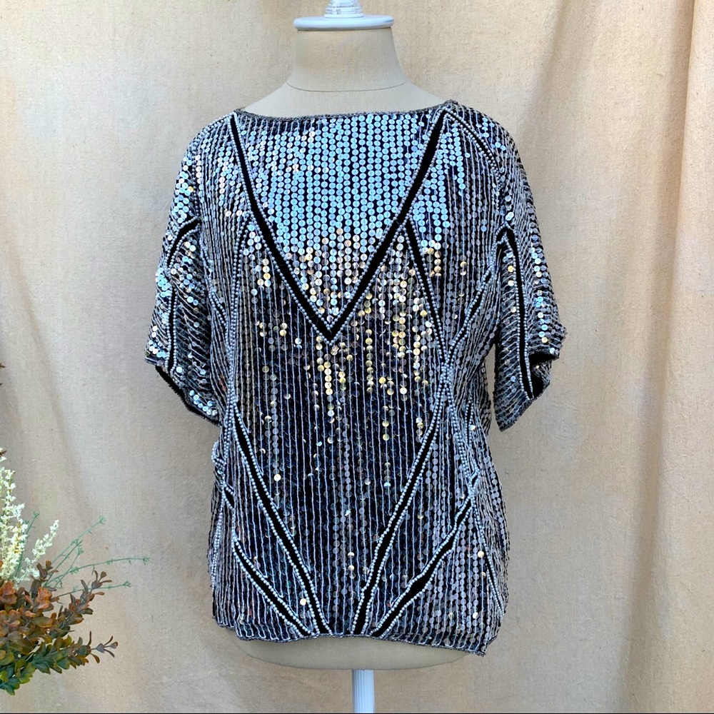 Vintage Silver Sequin Bead Metallic Disco Ball Top